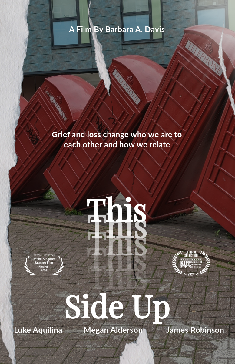 Film poster for This Side Up with falling red telephone boxes